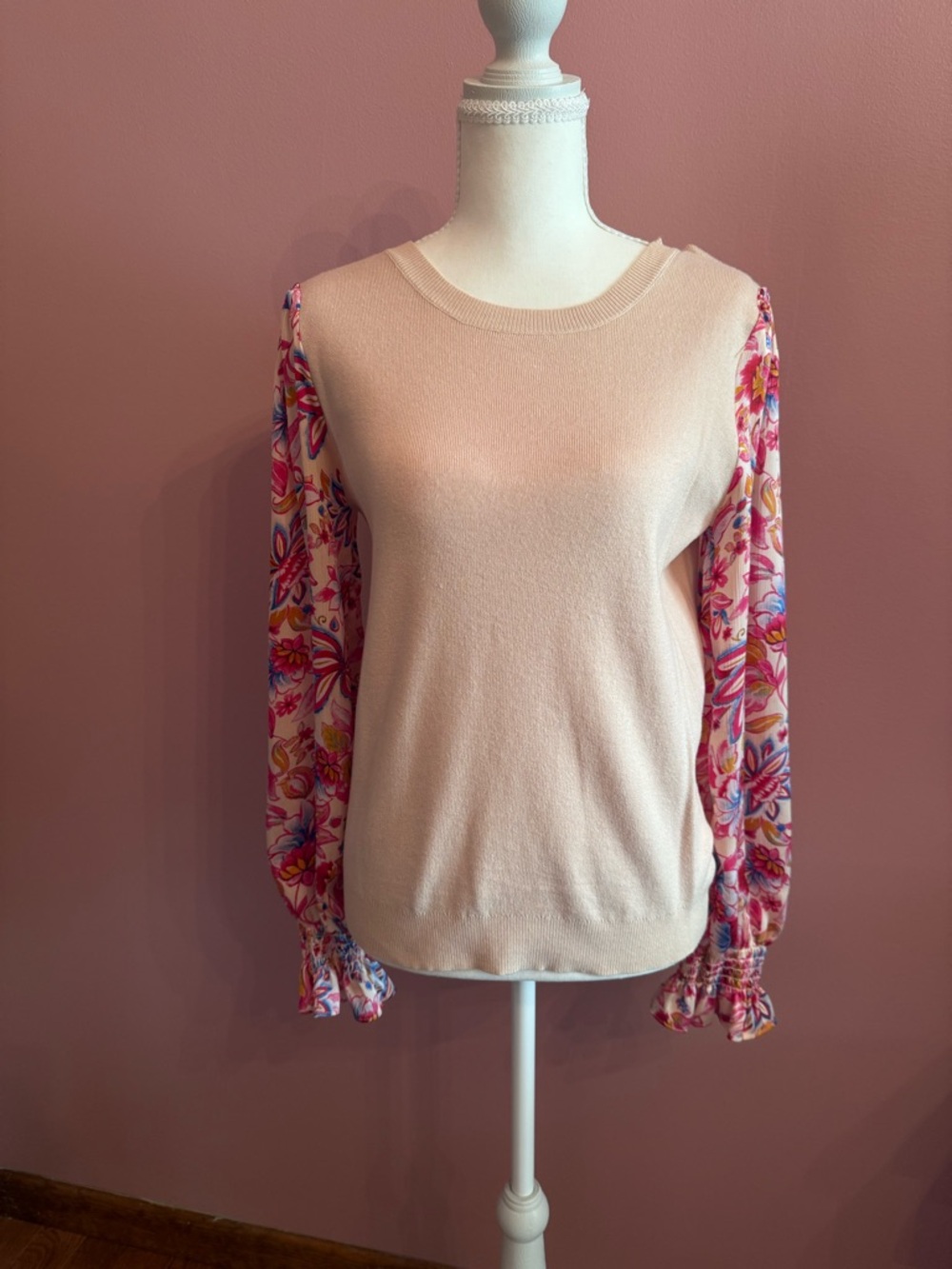 Fate Blush Pink Sweater with Floral Puff Sleeves